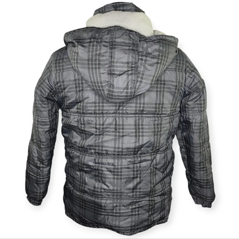 Calvin Klein Boys Gray Plaid Puffer Jacket Hooded Fleece Lined L 14-16